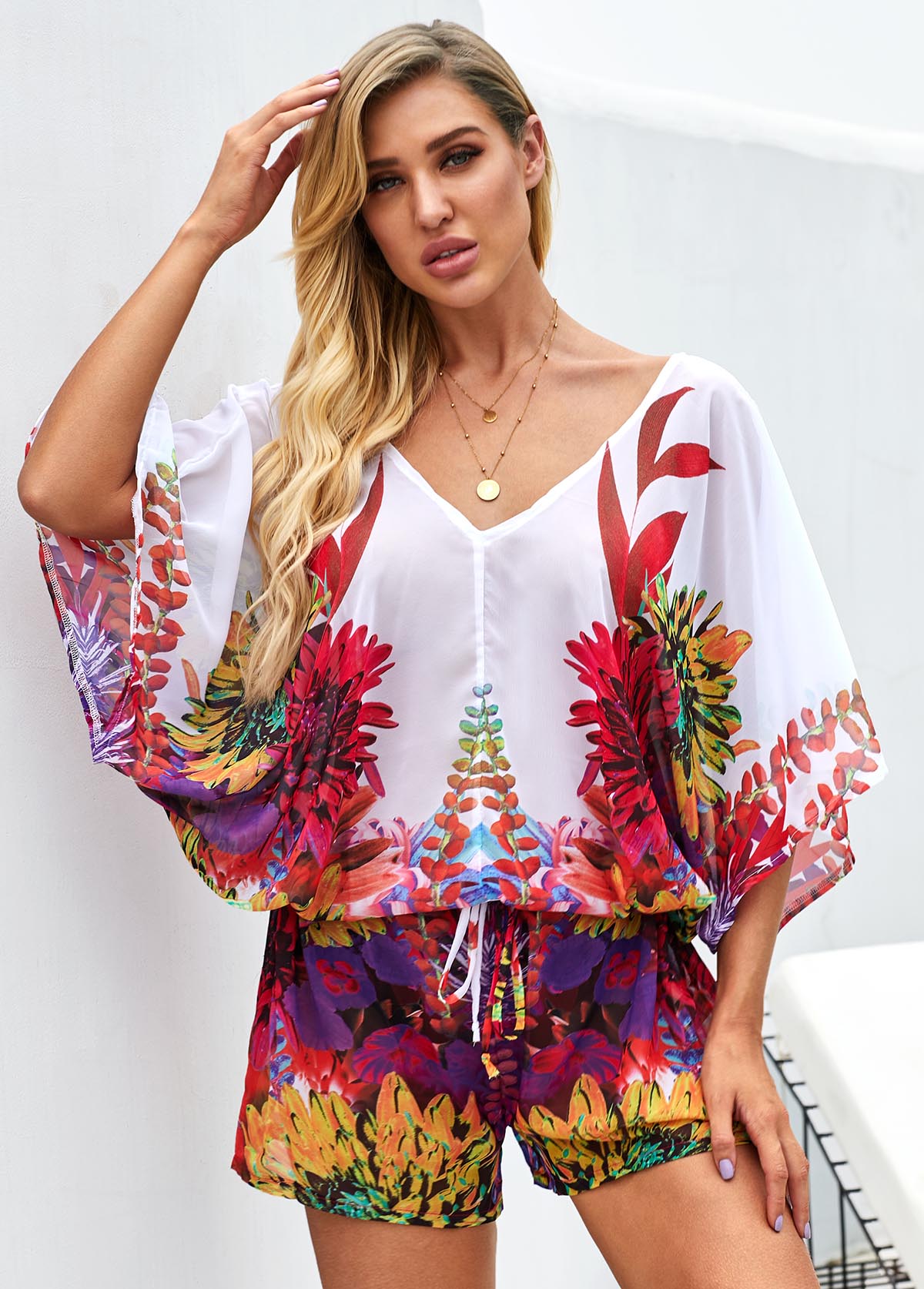 V Neck Drawstring Waist Printed Romper