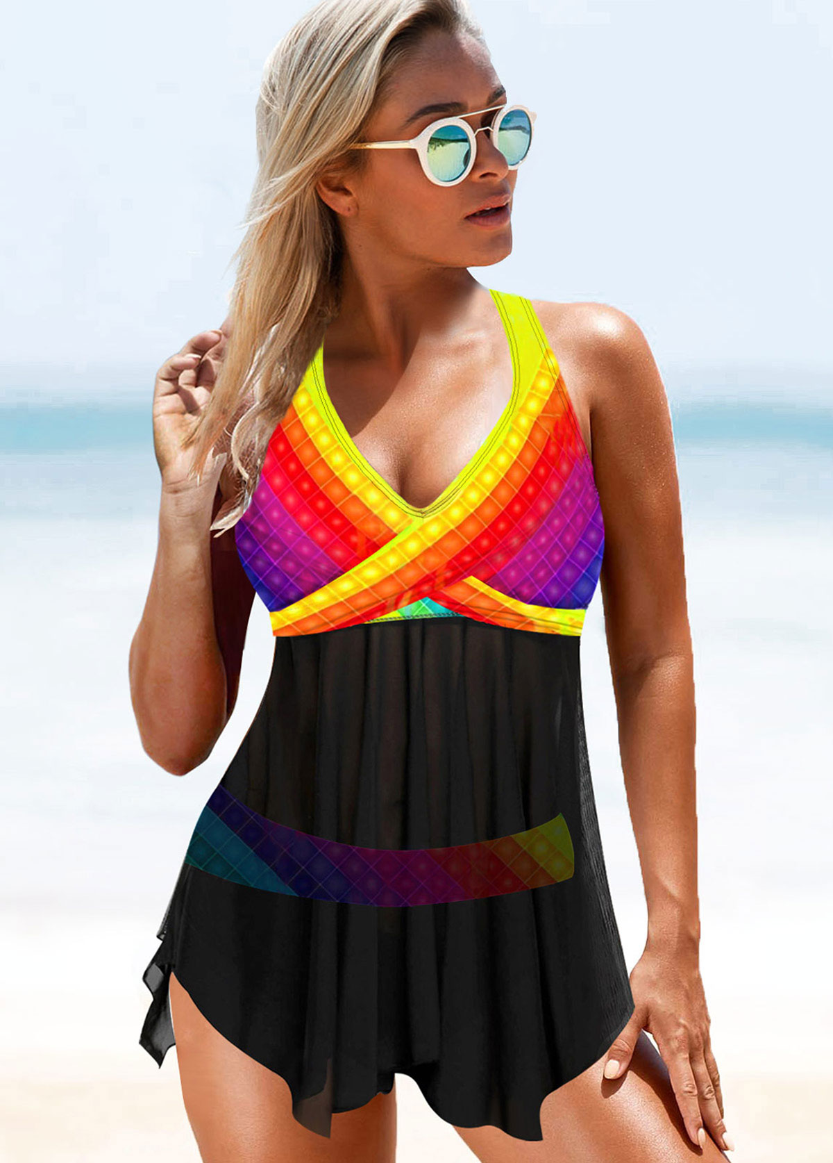 Gradient Multi Color Halter Open Back Swimdress and Panty