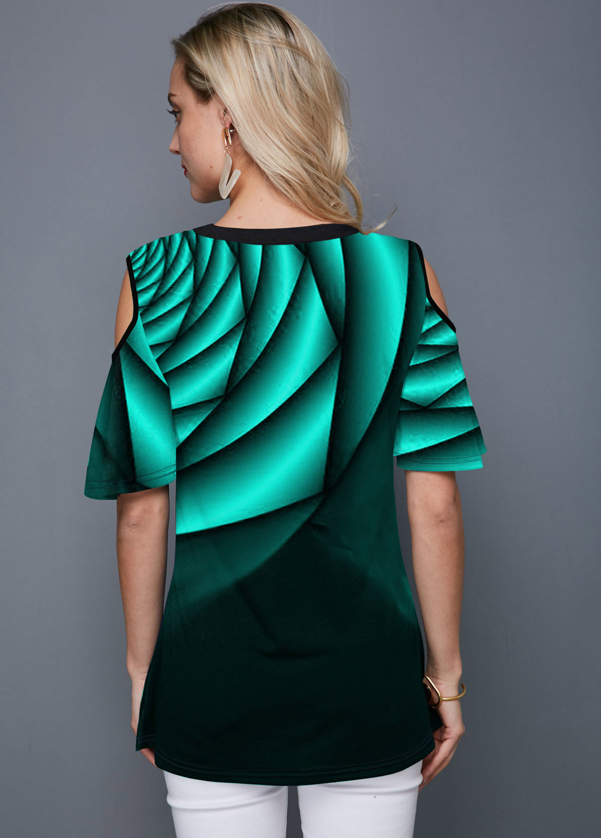 Half Sleeve Cold Shoulder Printed Green T Shirt