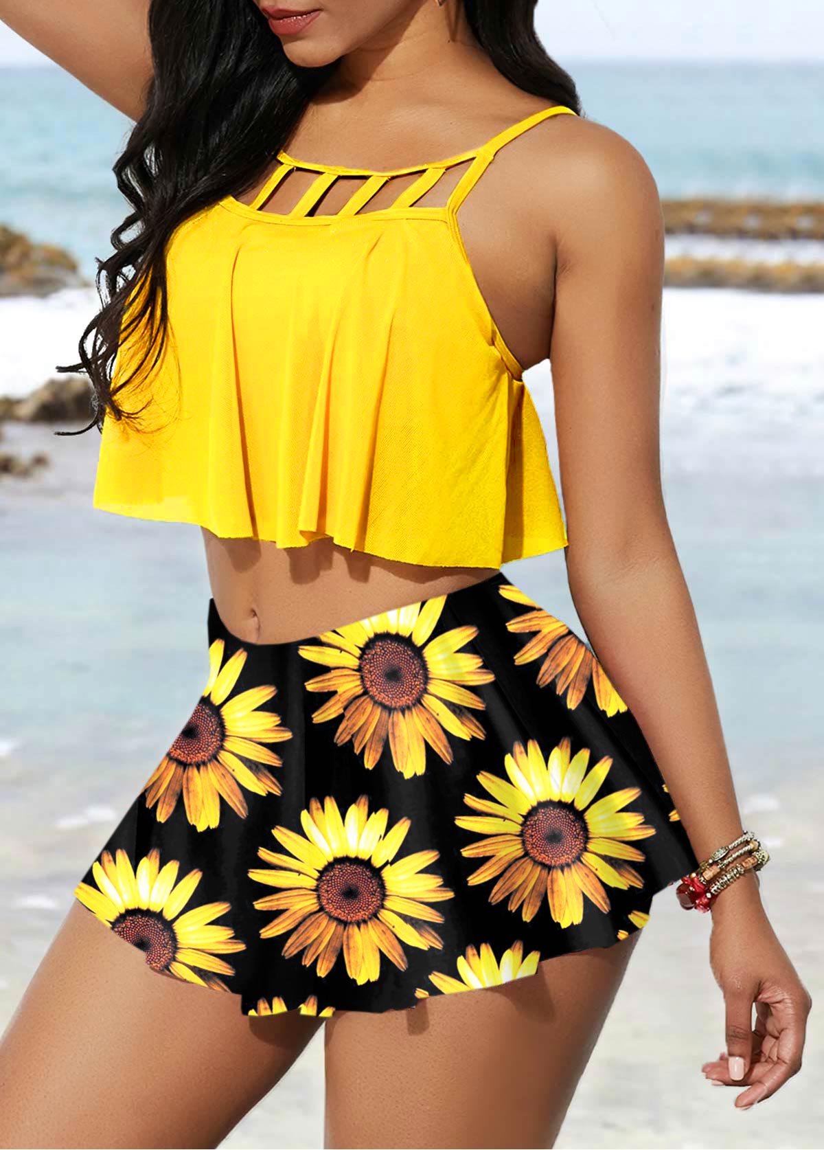 Spaghetti Strap High Waisted Sunflower Print Bikini Set