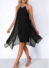 Embellished Neck Chiffon Overlay Black Dress