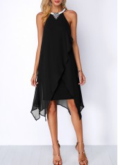Embellished Neck Chiffon Overlay Black Dress