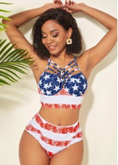 Cross Strap High Waisted American Flag Print Bikini Set