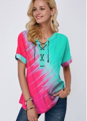 Lace Up Short Sleeve Color Block T Shirt