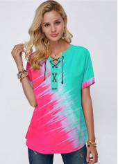 Lace Up Short Sleeve Color Block T Shirt