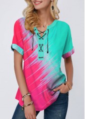 Lace Up Short Sleeve Color Block T Shirt