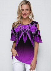 Cold Shoulder Round Neck Purple Gradient T Shirt
