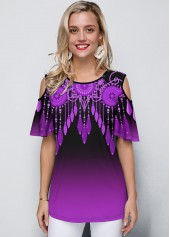 Cold Shoulder Round Neck Purple Gradient T Shirt