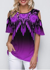 Cold Shoulder Round Neck Purple Gradient T Shirt