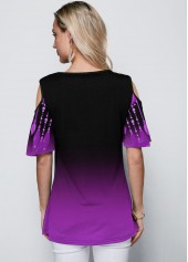 Cold Shoulder Round Neck Purple Gradient T Shirt