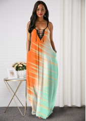 Lace Up Spaghetti Strap Color Block Maxi Dress