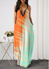 Lace Up Spaghetti Strap Color Block Maxi Dress