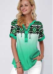 Green Tribal Print Gradient Blouse