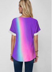 Rainbow Color Button Detail Short Sleeve Blouse