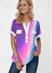Rainbow Color Button Detail Short Sleeve Blouse