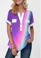 Rainbow Color Button Detail Short Sleeve Blouse