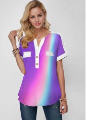 Rainbow Color Button Detail Short Sleeve Blouse