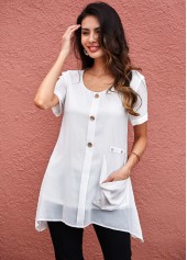 Asymmetric Hem Button Detail Pocket Soft Blouse