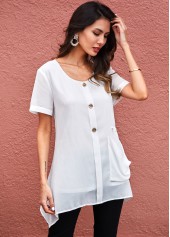 Asymmetric Hem Button Detail Pocket Soft Blouse
