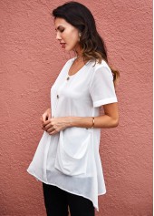 Asymmetric Hem Button Detail Pocket Soft Blouse