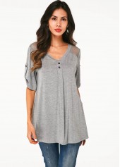 Roll Tab Sleeve V Neck Lace Panel Soft T Shirt