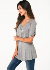 Roll Tab Sleeve V Neck Lace Panel Soft T Shirt