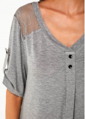 Roll Tab Sleeve V Neck Lace Panel Soft T Shirt