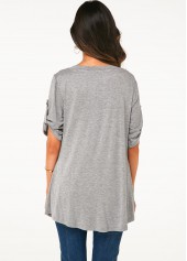 Roll Tab Sleeve V Neck Lace Panel Soft T Shirt