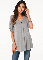 Roll Tab Sleeve V Neck Lace Panel Soft T Shirt