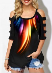 Rainbow Color Cold Shoulder T Shirt