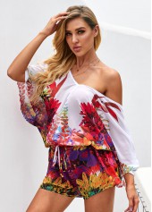 V Neck Drawstring Waist Printed Romper