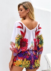 V Neck Drawstring Waist Printed Romper