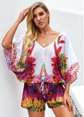 V Neck Drawstring Waist Printed Romper