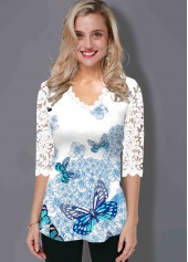 Lace Panel Butterfly Print Three Quarter Sleeve T Shirt
