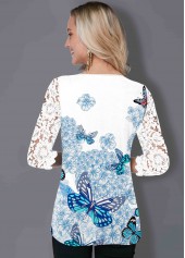 Lace Panel Butterfly Print Three Quarter Sleeve T Shirt