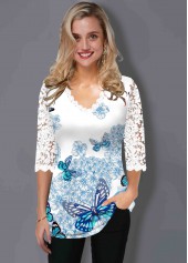 Lace Panel Butterfly Print Three Quarter Sleeve T Shirt