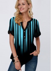 Blue Split Neck Short Sleeve Blouse
