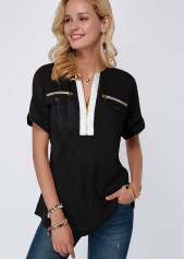 Short Sleeve Black Zipper Detail Blouse