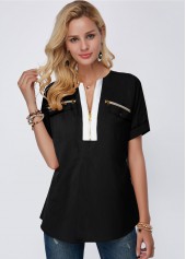Short Sleeve Black Zipper Detail Blouse