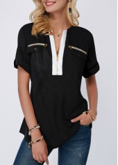 Short Sleeve Black Zipper Detail Blouse