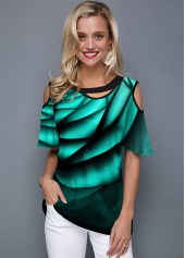 Half Sleeve Cold Shoulder Printed Green T Shirt