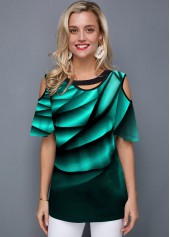 Half Sleeve Cold Shoulder Printed Green T Shirt