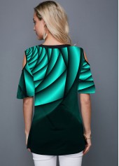 Half Sleeve Cold Shoulder Printed Green T Shirt