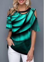 Half Sleeve Cold Shoulder Printed Green T Shirt
