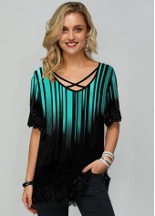 Criss Cross Neck Cyan Half Sleeve T Shirt