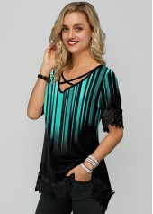 Criss Cross Neck Cyan Half Sleeve T Shirt