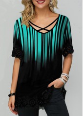 Criss Cross Neck Cyan Half Sleeve T Shirt