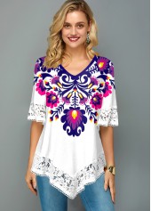 V Neck Lace Stitching Flower Print T Shirt