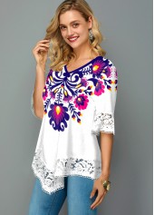 V Neck Lace Stitching Flower Print T Shirt