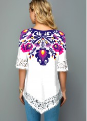 V Neck Lace Stitching Flower Print T Shirt